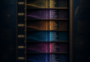 A visually striking, modern digital artwork for a scientific blog. A grand, vertical timeline from 1763 to 1932, styled like a library bookshelf or an ancient archive. On the shelves, instead of books, there are glowing, stylized digital data streams, colorful glowing nodes, and clusters of text in the Cyrillic (Russian) alphabet, representing a dataset. The color scheme is dark blue and gold for a scientific and historical feel. At the bottom of the timeline, a subtle, glowing network graph or dendrogram (tree-like diagram) is growing, symbolizing stylometric analysis. In the style of a minimalist infographic, high-tech, clean composition, 8k resolution, with ample space for text overlay, cinematic lighting.