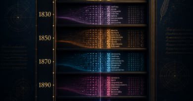 A visually striking, modern digital artwork for a scientific blog. A grand, vertical timeline from 1763 to 1932, styled like a library bookshelf or an ancient archive. On the shelves, instead of books, there are glowing, stylized digital data streams, colorful glowing nodes, and clusters of text in the Cyrillic (Russian) alphabet, representing a dataset. The color scheme is dark blue and gold for a scientific and historical feel. At the bottom of the timeline, a subtle, glowing network graph or dendrogram (tree-like diagram) is growing, symbolizing stylometric analysis. In the style of a minimalist infographic, high-tech, clean composition, 8k resolution, with ample space for text overlay, cinematic lighting.