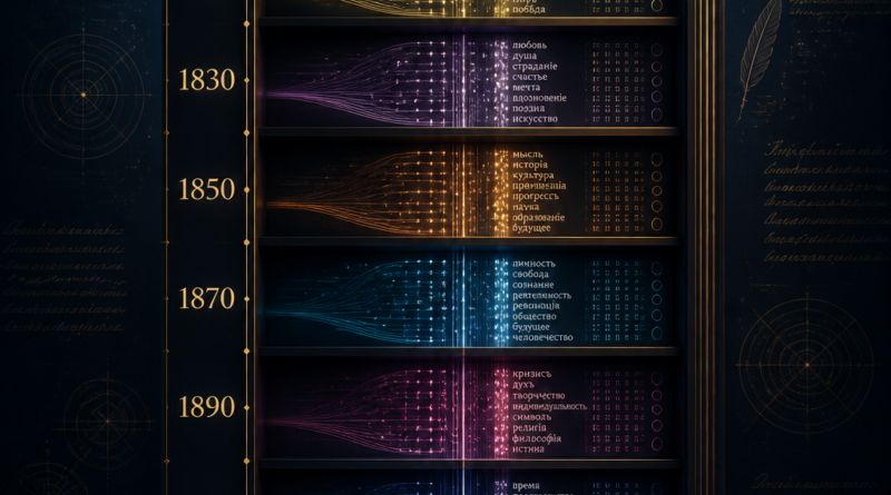 A visually striking, modern digital artwork for a scientific blog. A grand, vertical timeline from 1763 to 1932, styled like a library bookshelf or an ancient archive. On the shelves, instead of books, there are glowing, stylized digital data streams, colorful glowing nodes, and clusters of text in the Cyrillic (Russian) alphabet, representing a dataset. The color scheme is dark blue and gold for a scientific and historical feel. At the bottom of the timeline, a subtle, glowing network graph or dendrogram (tree-like diagram) is growing, symbolizing stylometric analysis. In the style of a minimalist infographic, high-tech, clean composition, 8k resolution, with ample space for text overlay, cinematic lighting.